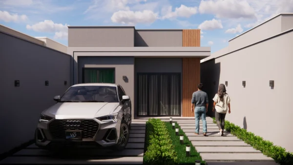 PLANTA DE CASA TÉRREA COM PÉ-DIREITO DUPLO E SUÍTE COM CLOSET